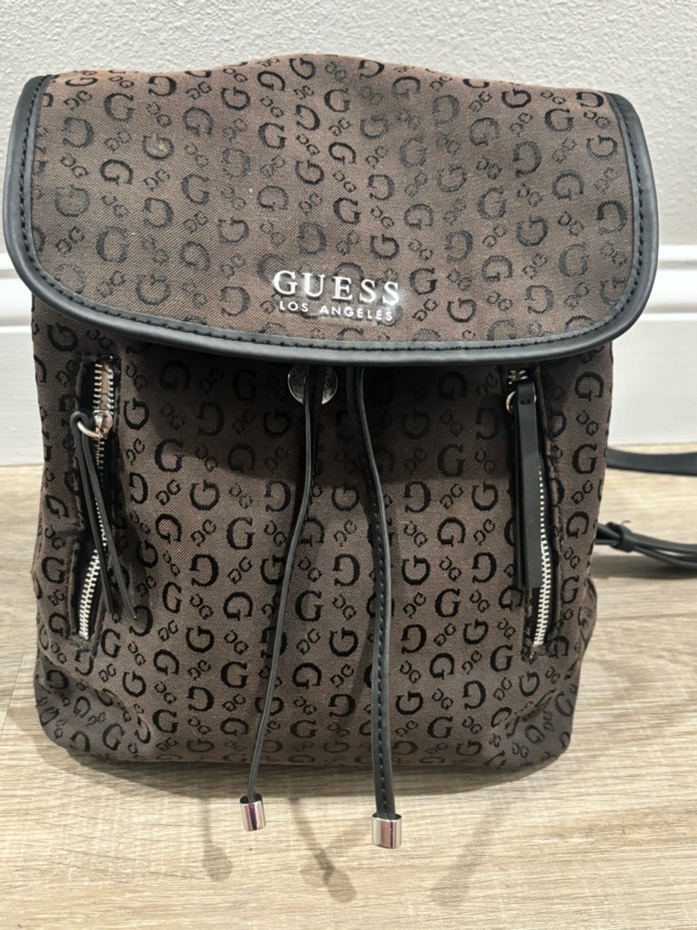 GUESS Brown Monogram Drawstring Backpack with Black Trim